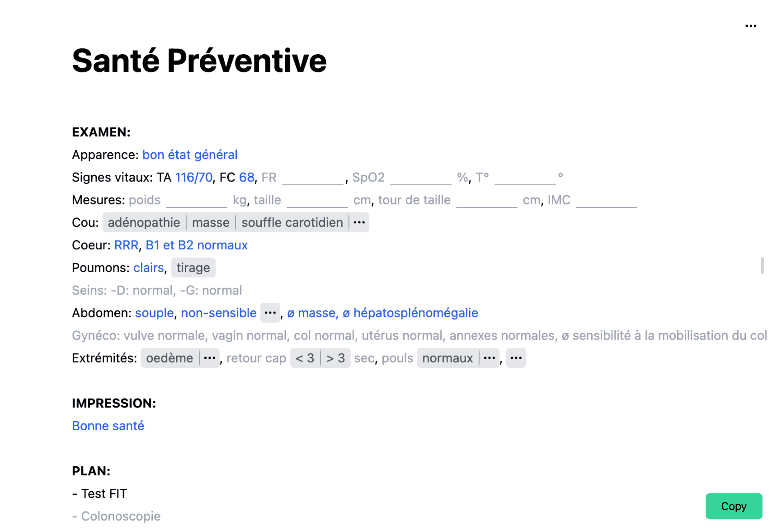 Gabarit de santé préventive dans l'application de bureau Dilato