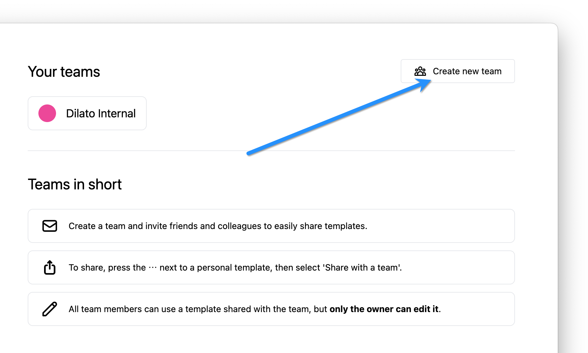 Create new team button in Dilato